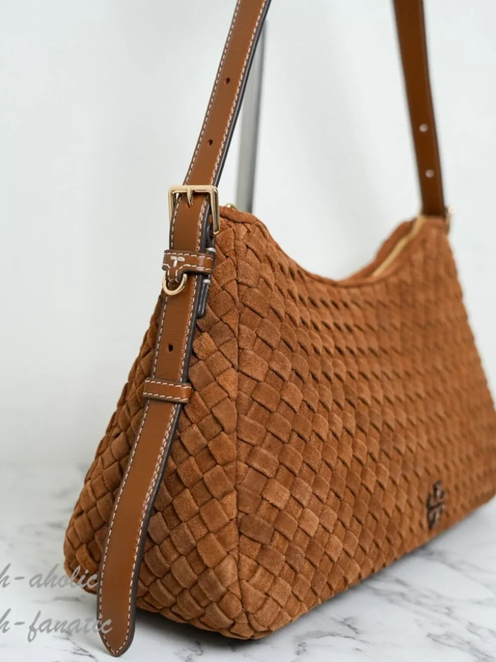 Tory Burch Thea Woven Suede Zip Top Shoulder Bag in Chicory Brown NWT